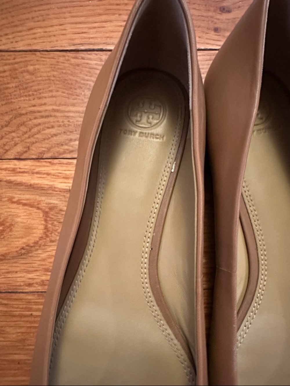 Tory Burch Blush Tan Leather Logo Ballet Flats - Picture 2 of 5